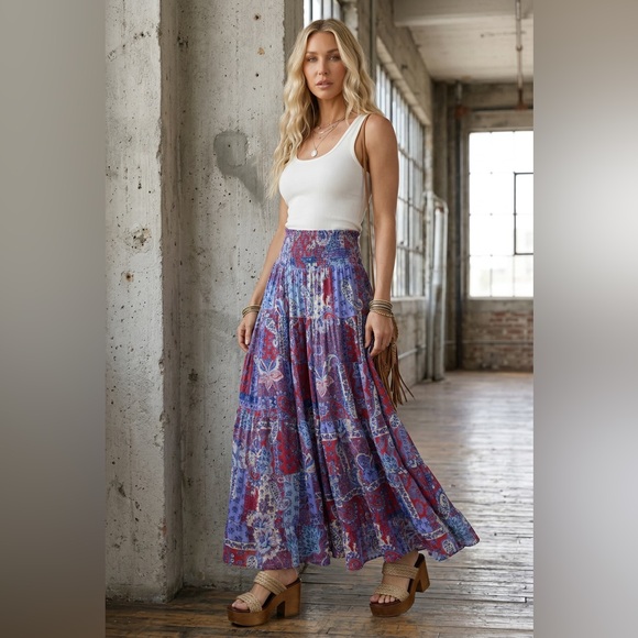 NWT Angie Clothing Boho Festival Americana Paisley Floral Smocked Maxi Skirt - Picture 2 of 8